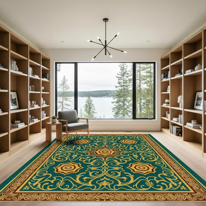 Deep Teal Gold Floral Medallion Rug