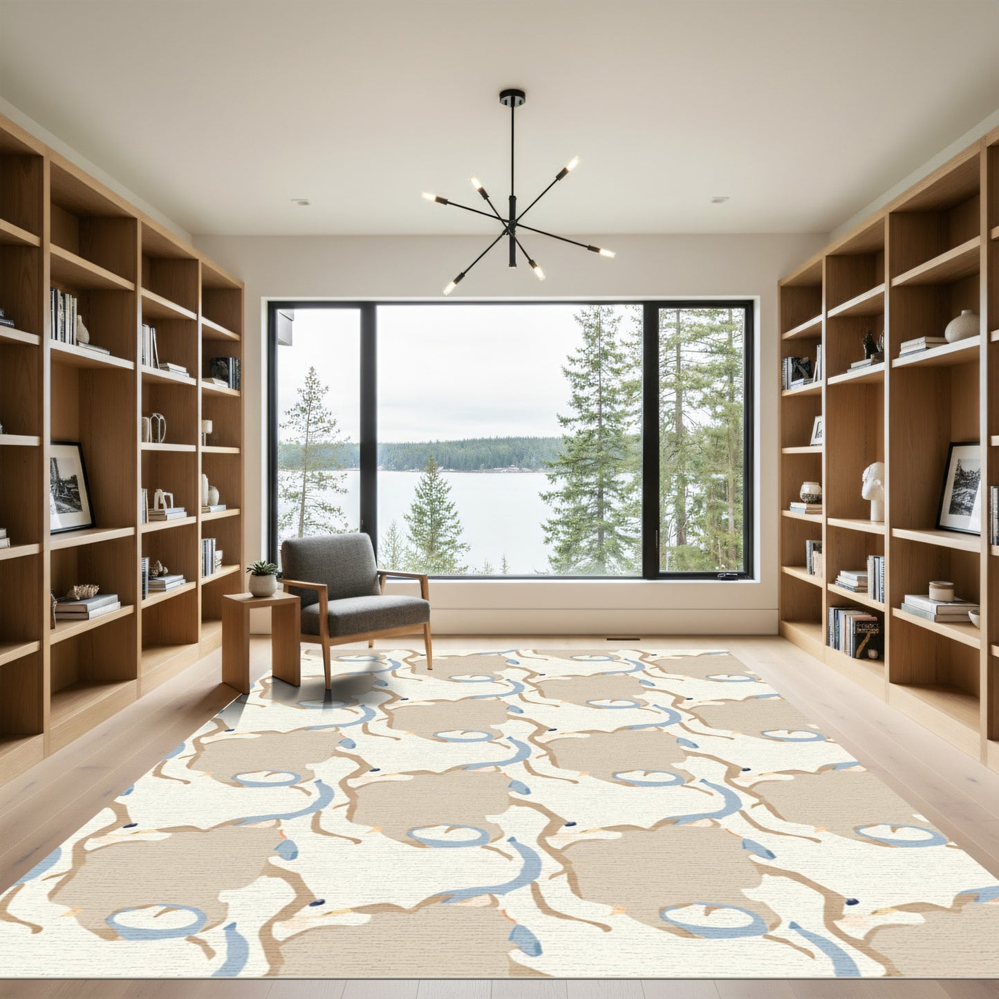 Abstract Tan Blue Swirls Rug