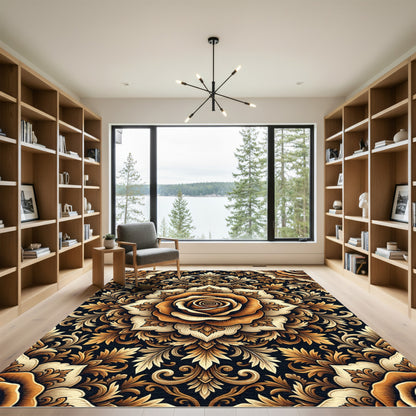 Golden Ochre Floral Damask Mandala Rug