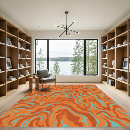 Orange Aqua Swirl Marbled Rug