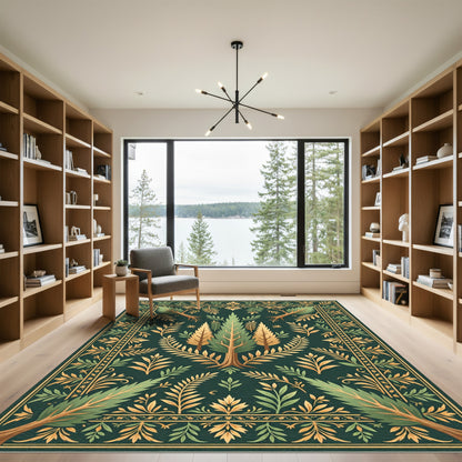 Deep Green Golden Tree Foliage Frame Rug