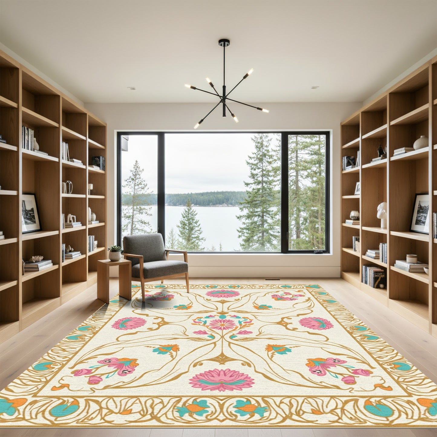 Golden Floral Meadow Aqua Pink Rug