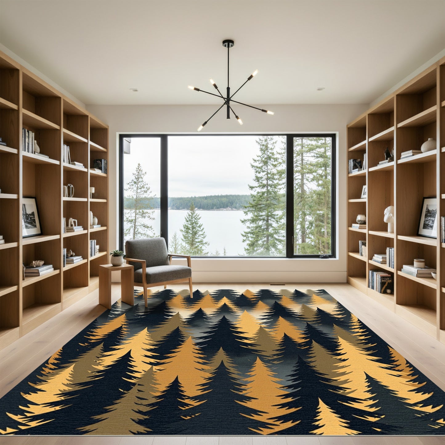 Golden Foggy Pine Forest Silhouette Rug