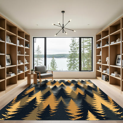 Golden Foggy Pine Forest Silhouette Rug
