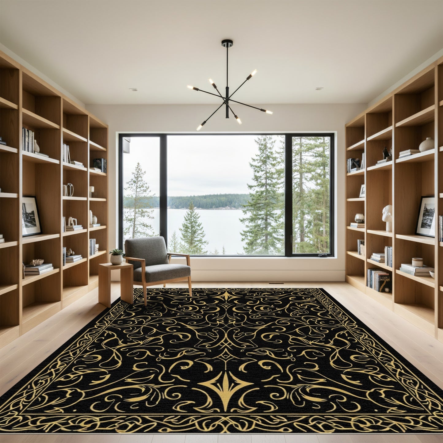 Golden Black Arabesque Scrollwork Rug