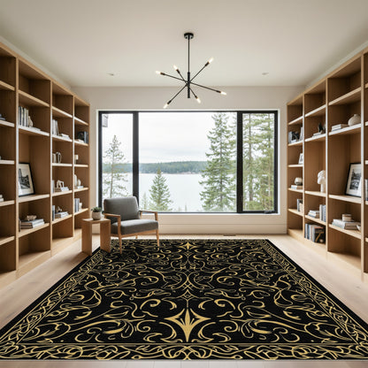Golden Black Arabesque Scrollwork Rug