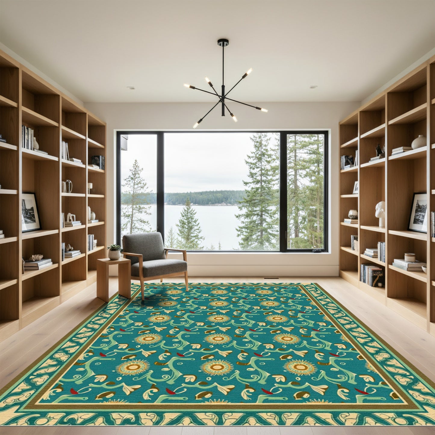 Turquoise Sunburst Floral Vine Border Rug