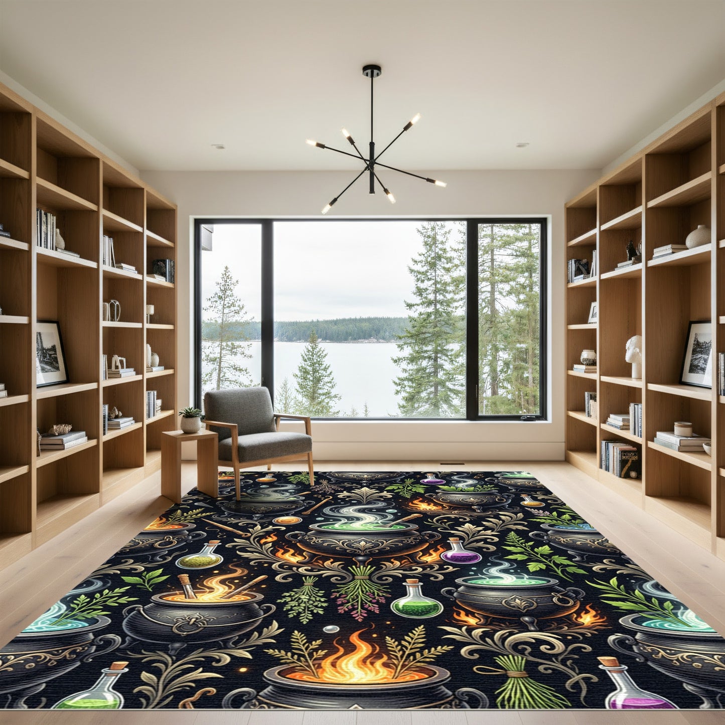 Mystical Cauldron Witchcraft Floral Black Tapestry Rug