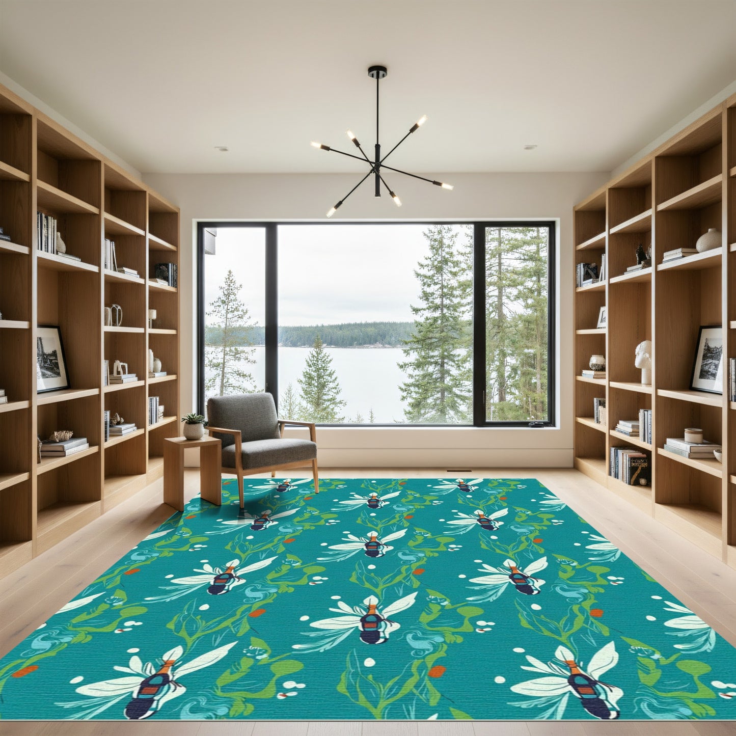Teal Abstract Insect Blossom Foliage Rug