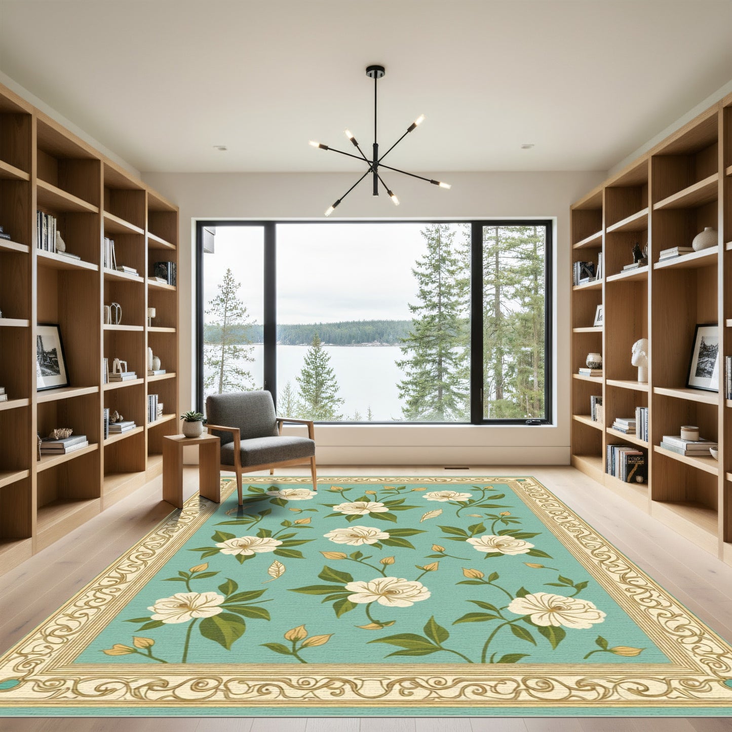 White Floral Vine Border Rug