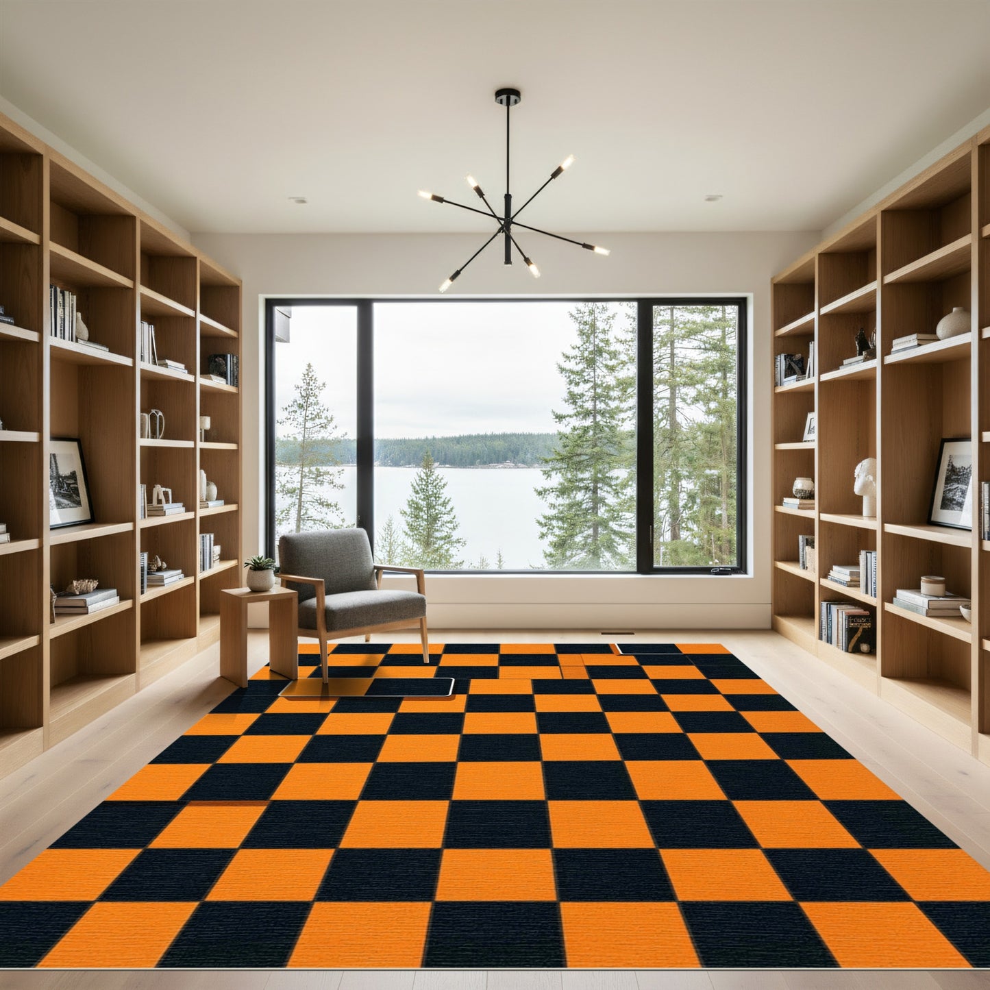 Bold Orange and Black Checkerboard Geometry Rug