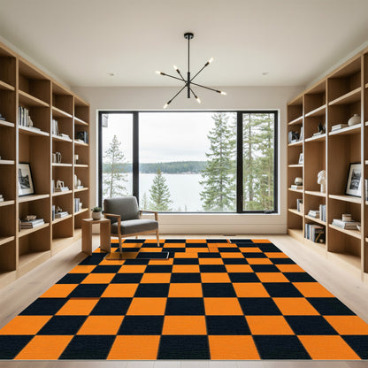 Bold Orange and Black Checkerboard Geometry Rug