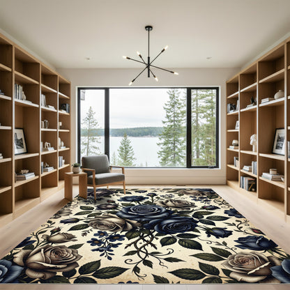 Dark Blue Floral Rose Garden Rug