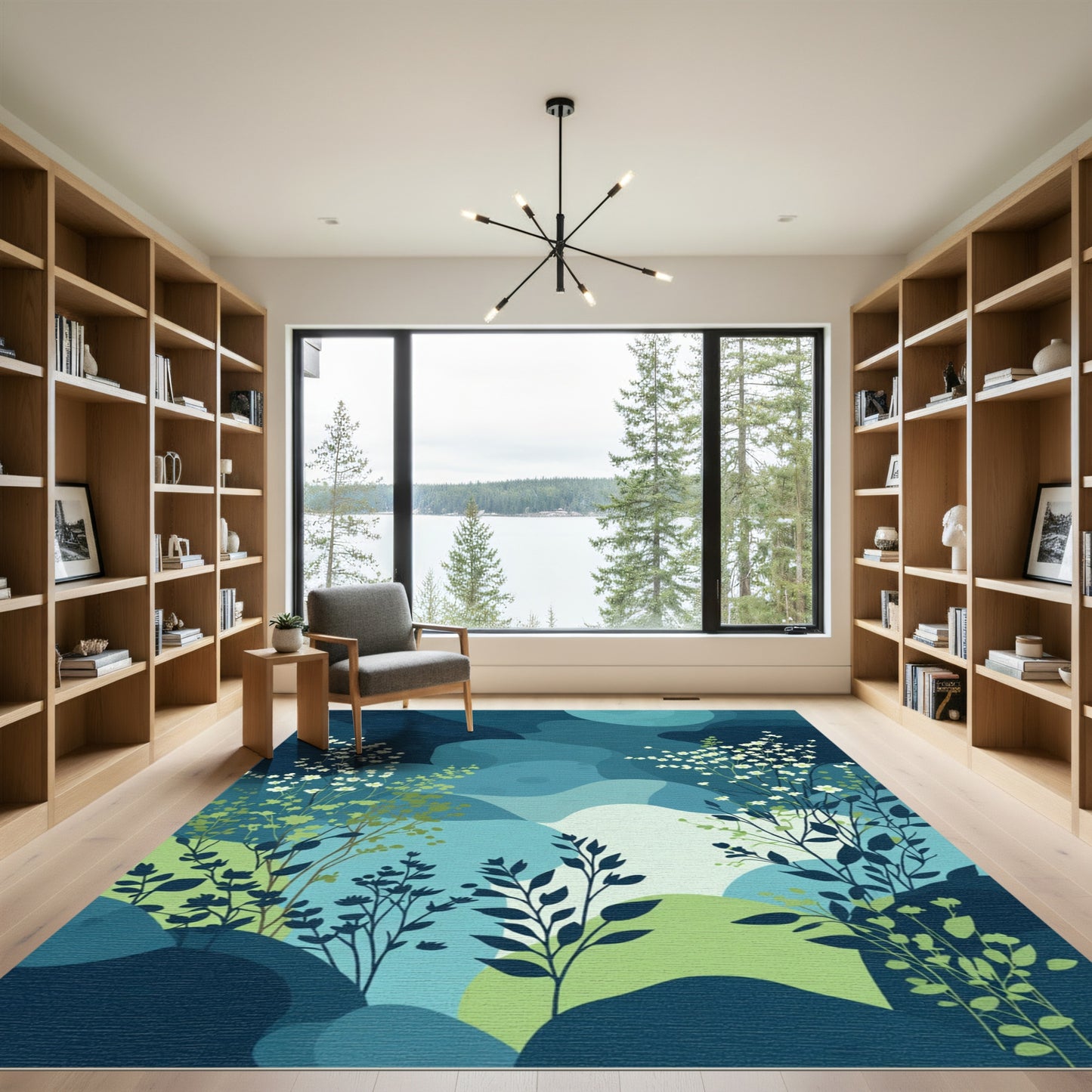 Deep Blue Abstract Floral Landscape Rug