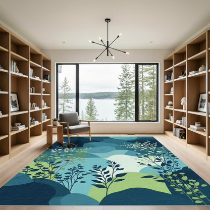 Deep Blue Abstract Floral Landscape Rug