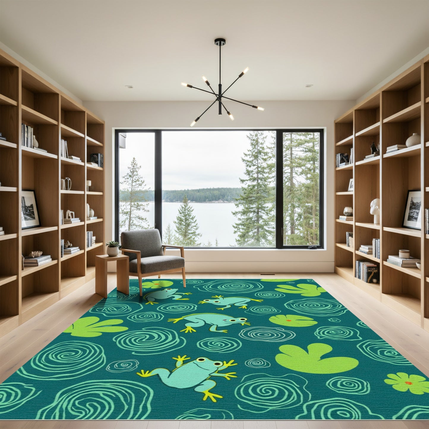 Teal Blue Frogs Lily Pad Whimsical Art Rug
