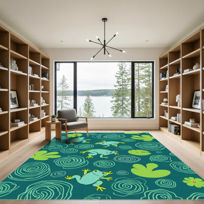 Teal Blue Frogs Lily Pad Whimsical Art Rug