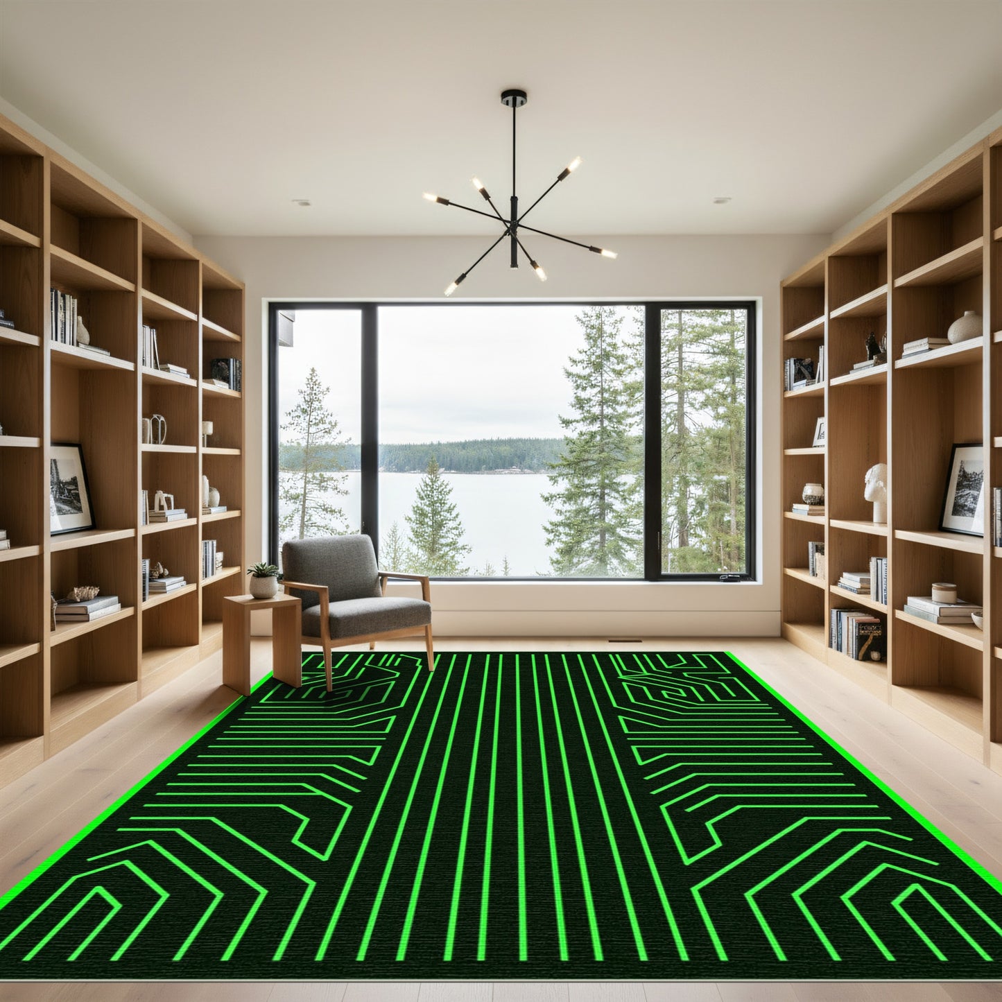 Neon Green Circuit Board Lines Rug