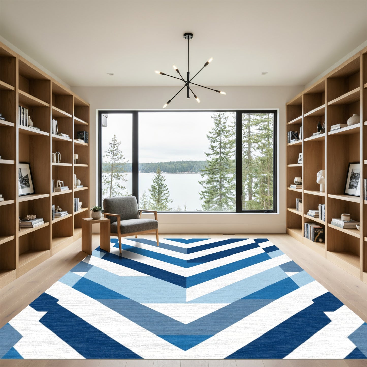 Modern Blue Geometric Chevron Stripe Rug