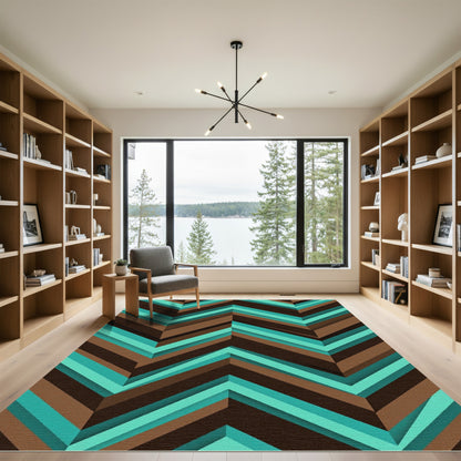 Modern Teal Brown Chevron Geometric Rug