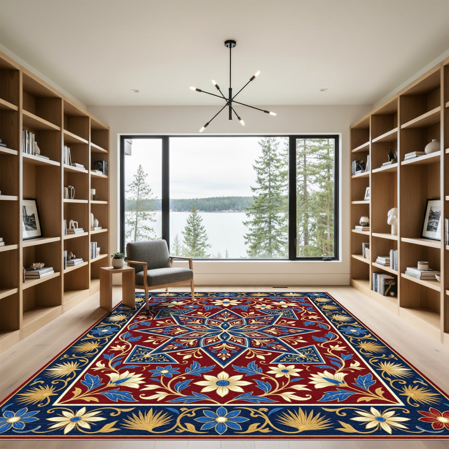 Deep Crimson Floral Star Medallion Rug