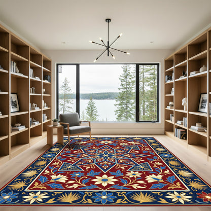 Deep Crimson Floral Star Medallion Rug