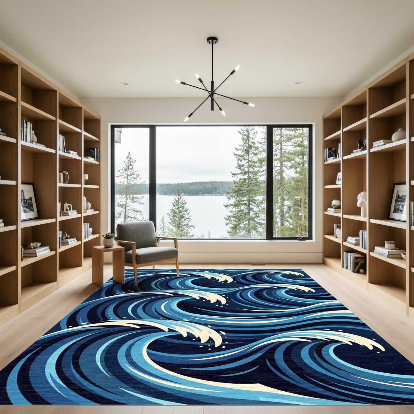 Dynamic Navy Blue Abstract Ocean Wave Rug