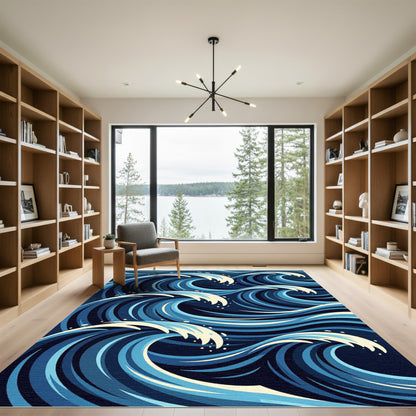 Dynamic Navy Blue Abstract Ocean Wave Rug