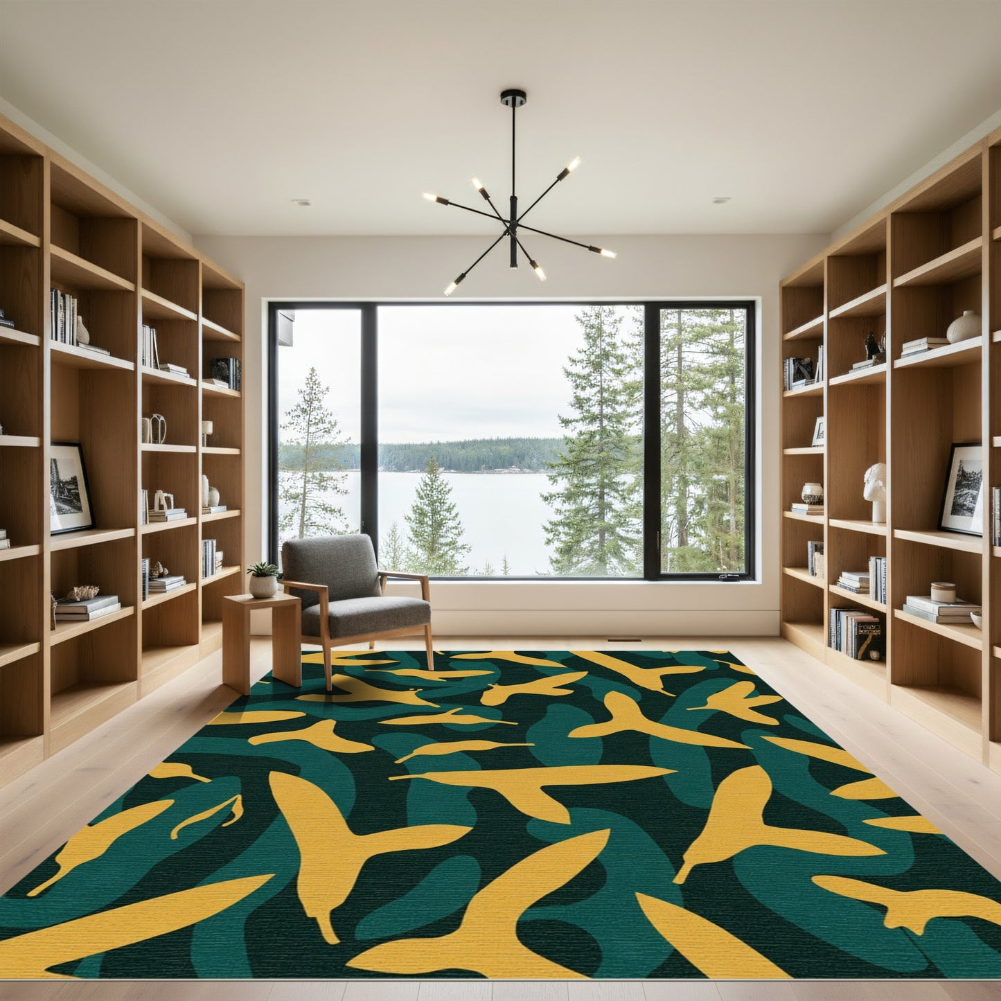 Golden Yellow Abstract Birds Teal background Rug