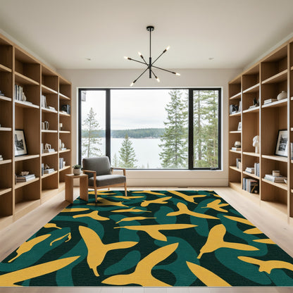 Golden Yellow Abstract Birds Teal background Rug