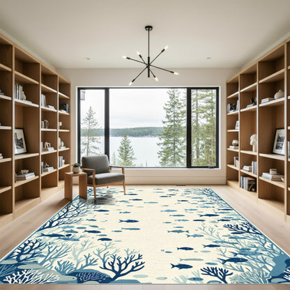 Oceanic Blue Schooling Fish Coral Reef Rug