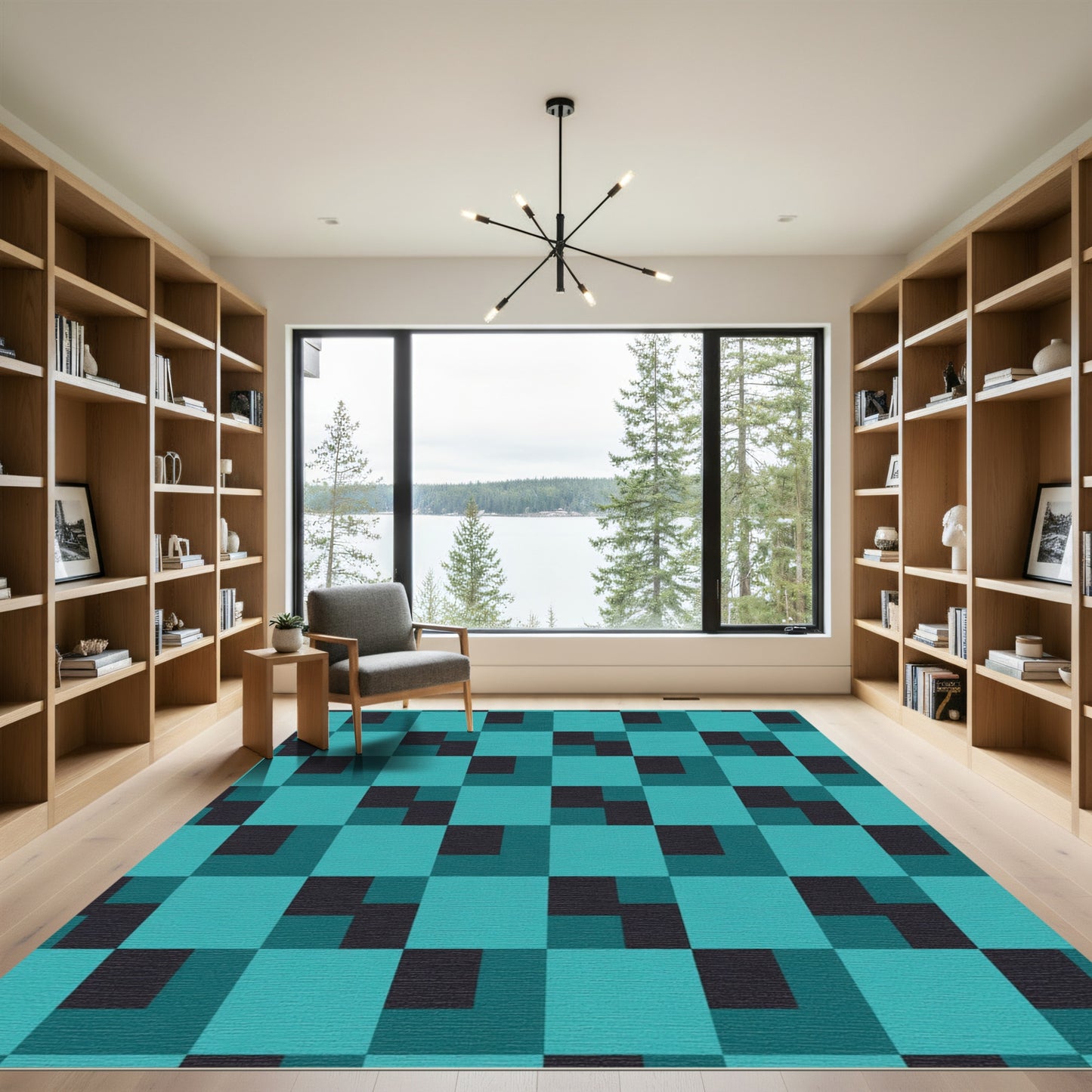 Teal Geometric Square Illusion Rug