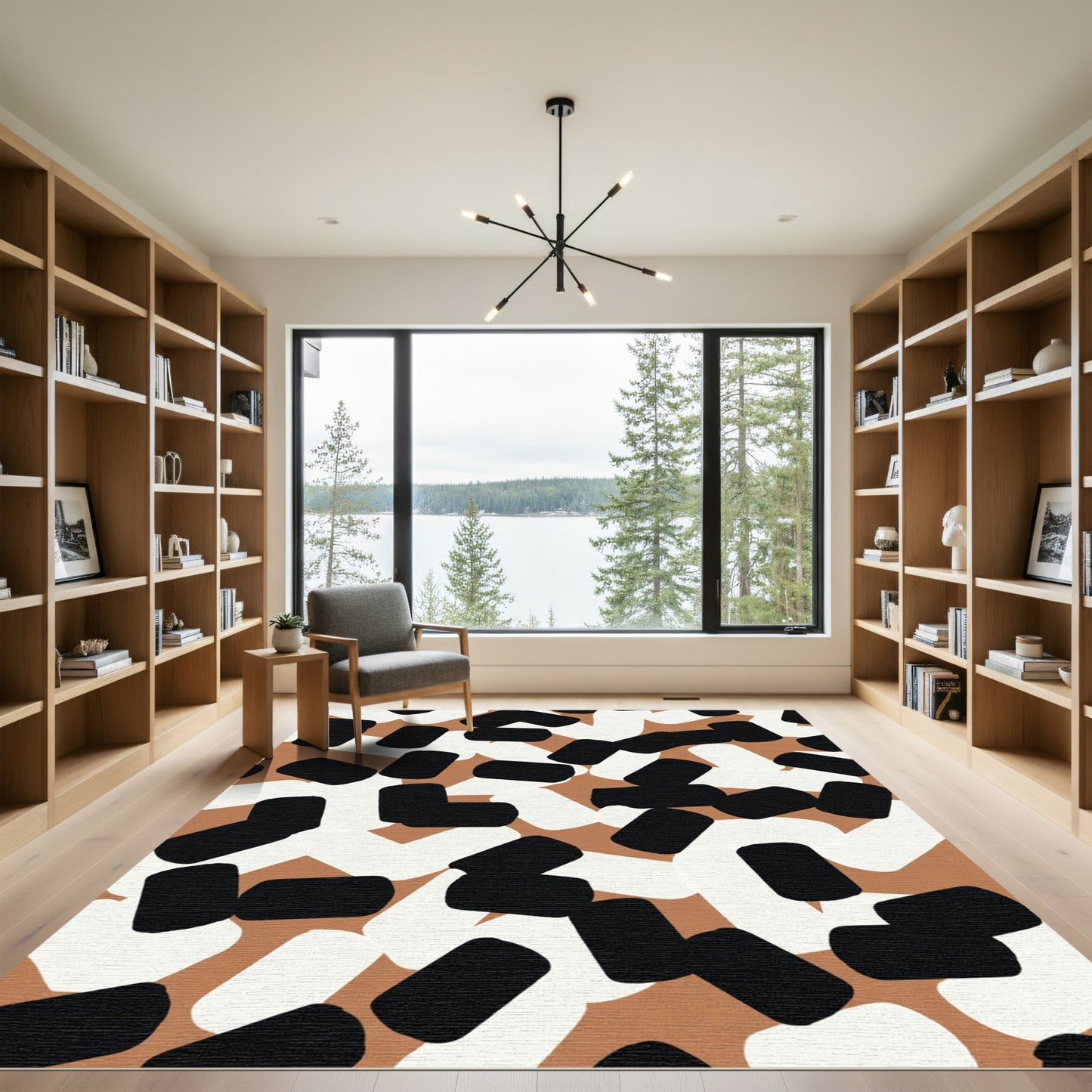 Tan Black White Brushstroke Jumble Rug