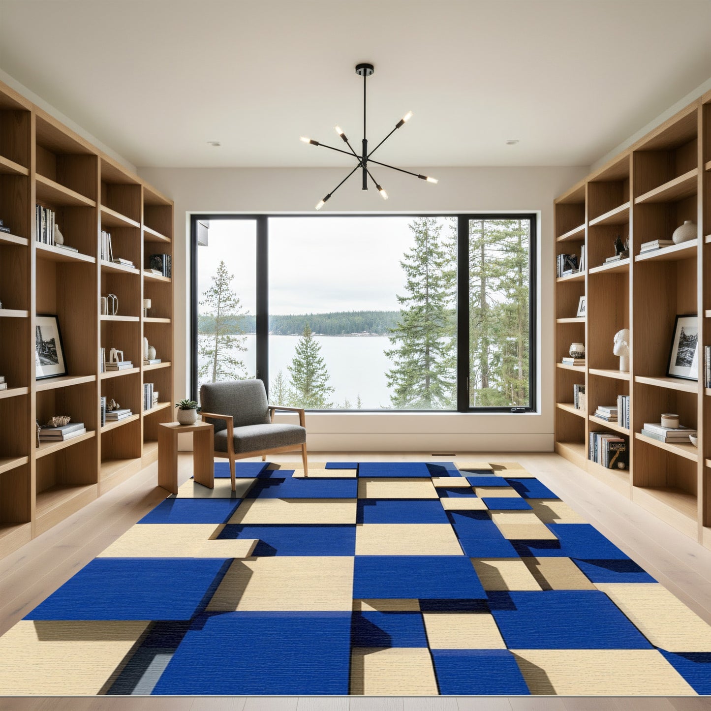 Modern Blue and Cream Geometric Block Rug