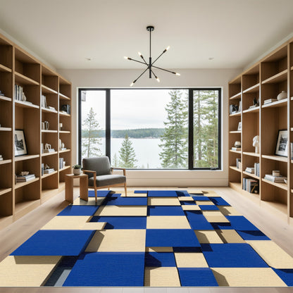 Modern Blue and Cream Geometric Block Rug