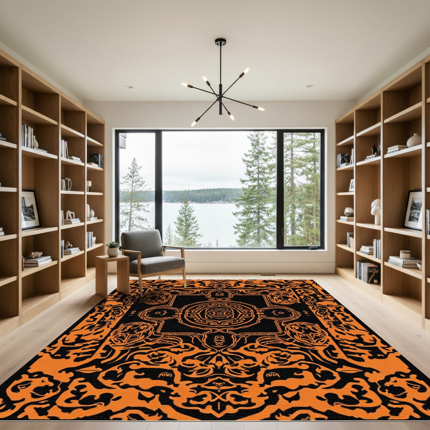 Orange Black Ornate Mandala Rug