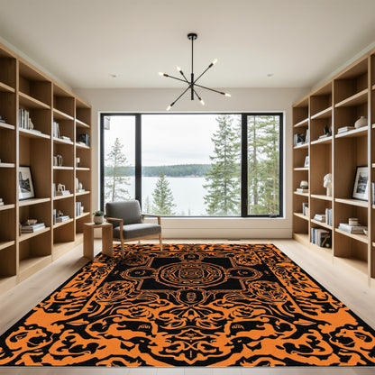 Orange Black Ornate Mandala Rug