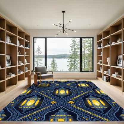 Midnight Blue Ornate Lantern Geometric Rug