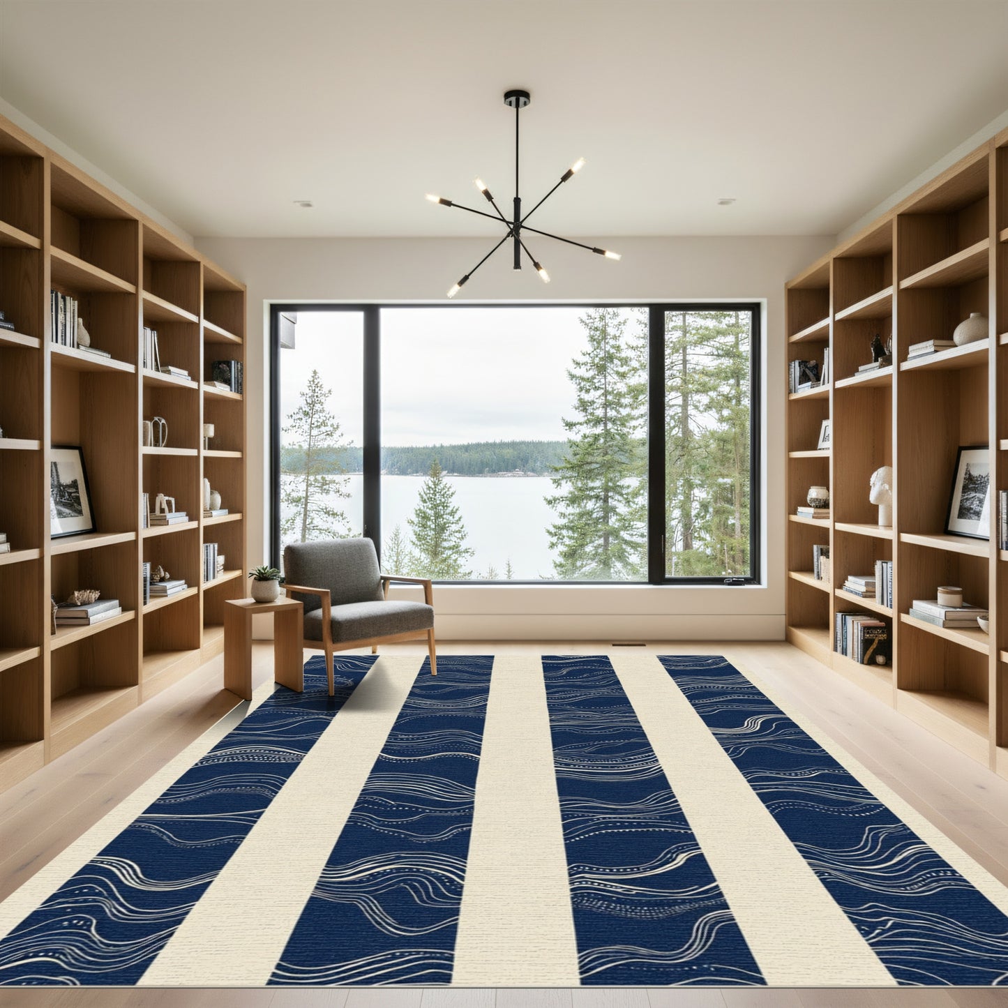 Navy Cream Abstract Wave Stripe Rug
