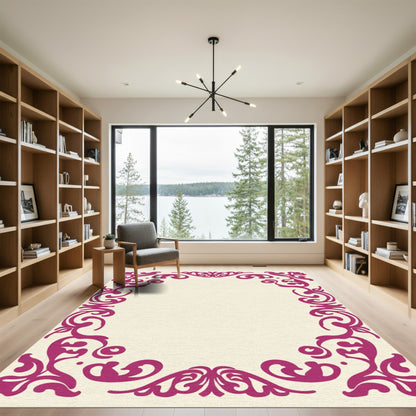 Deep Magenta Floral Scroll Frame Rug