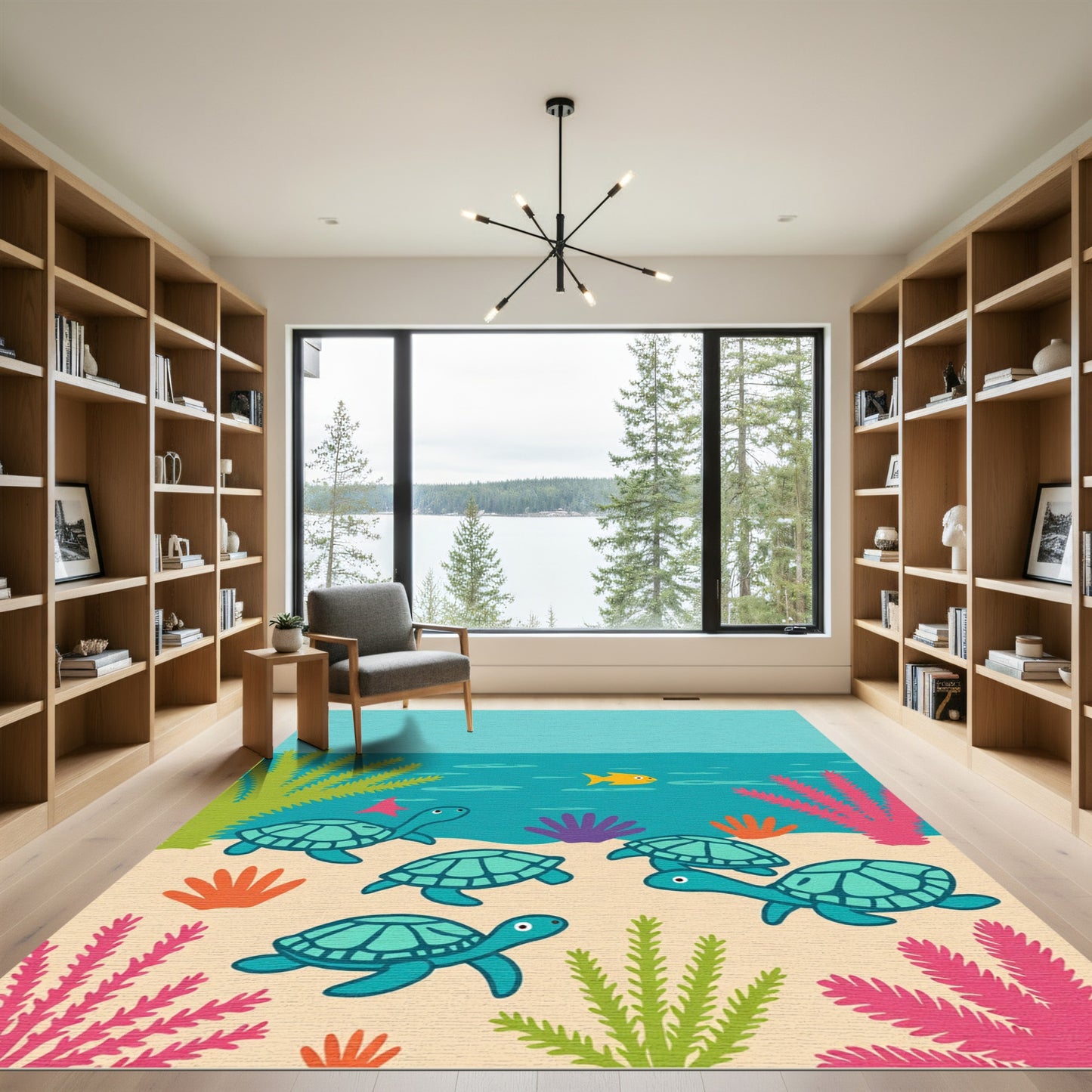 Whimsical Teal Sea Turtles Underwater Scene Rug