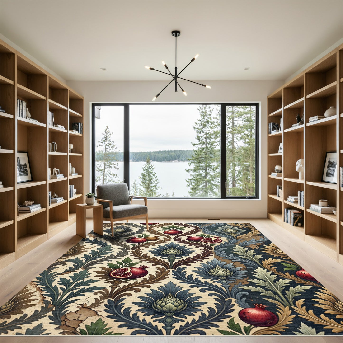 Crimson Pomegranate Floral Scrollwork Rug