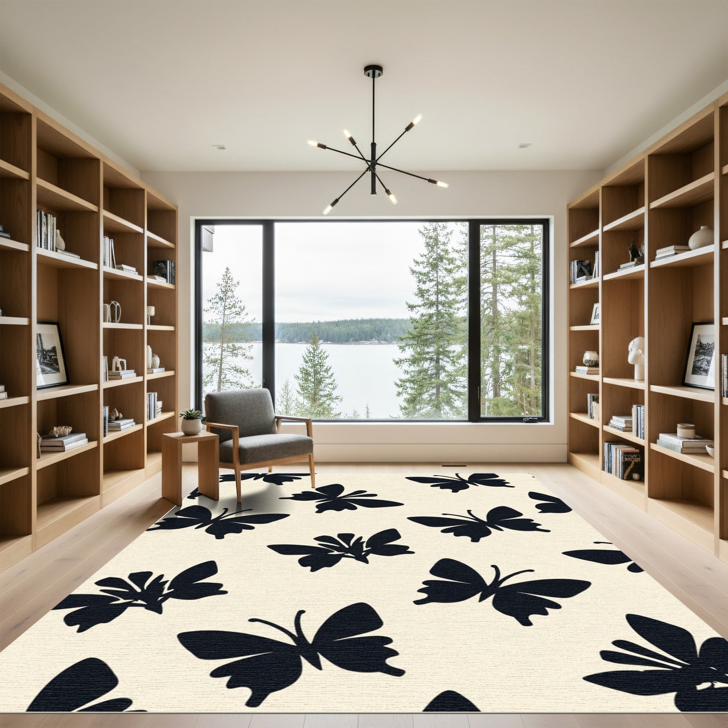 Whimsical Black Butterfly Cream Pattern Rug