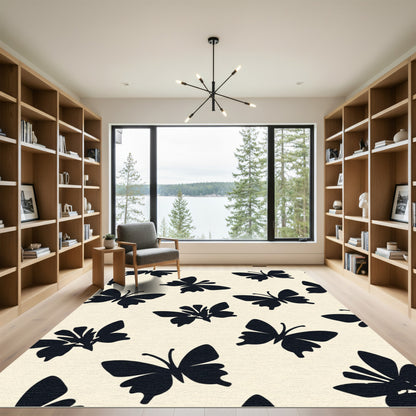 Whimsical Black Butterfly Cream Pattern Rug
