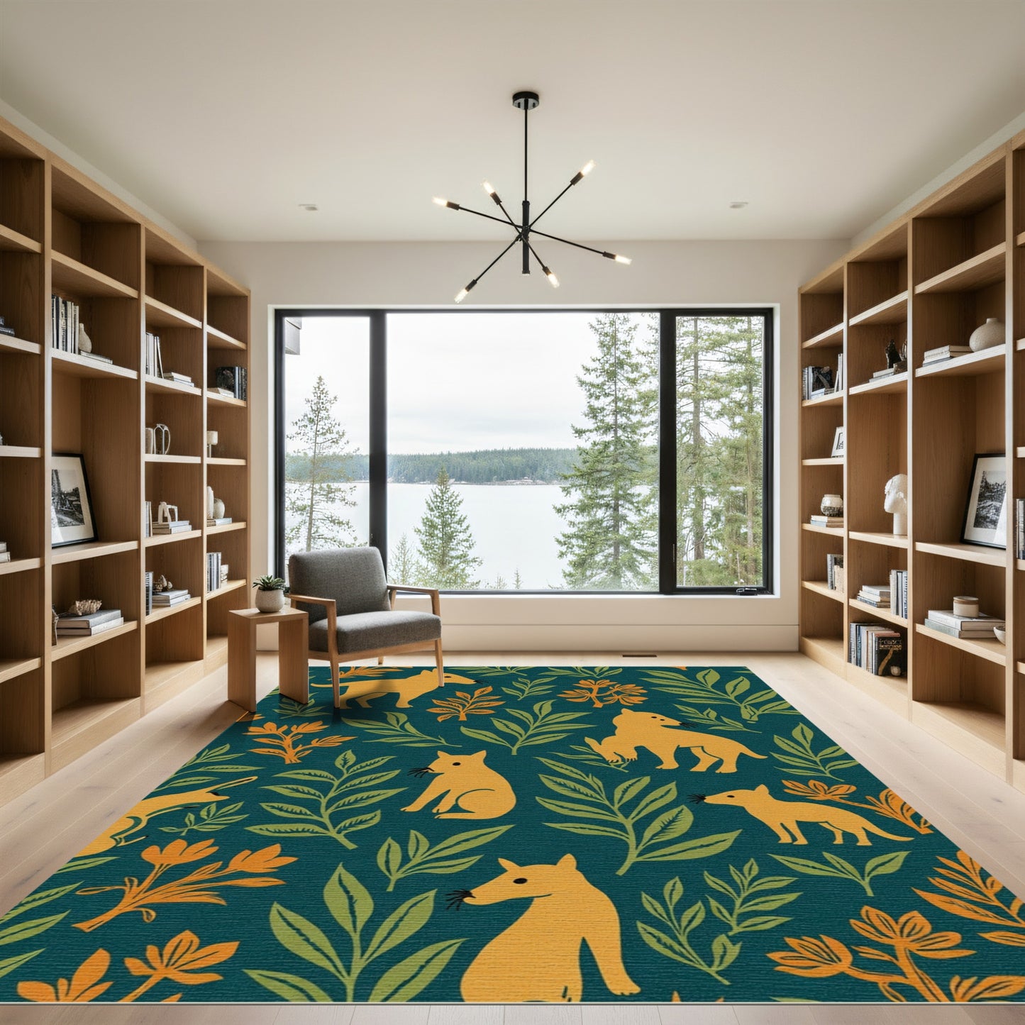 Golden Whimsical Canine Foliage Rug