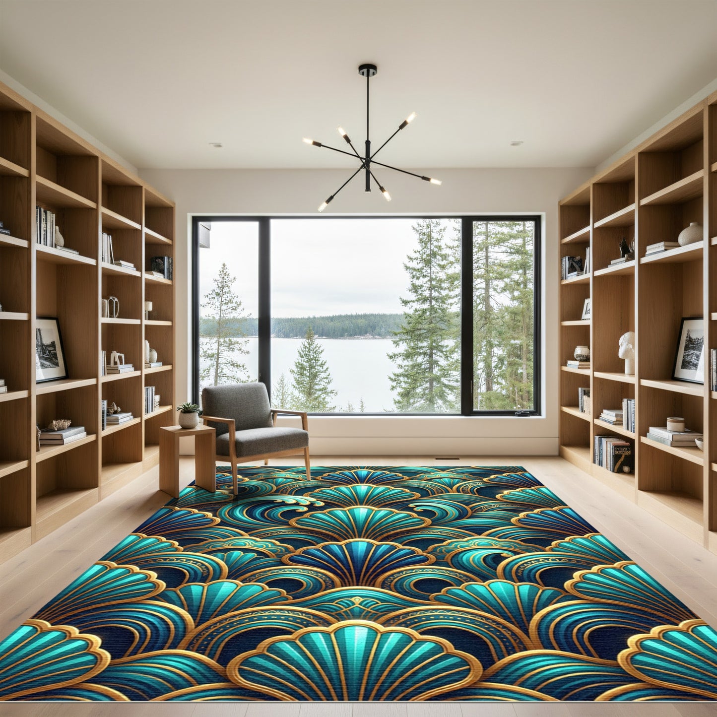 Teal Gold Art Deco Waves Rug
