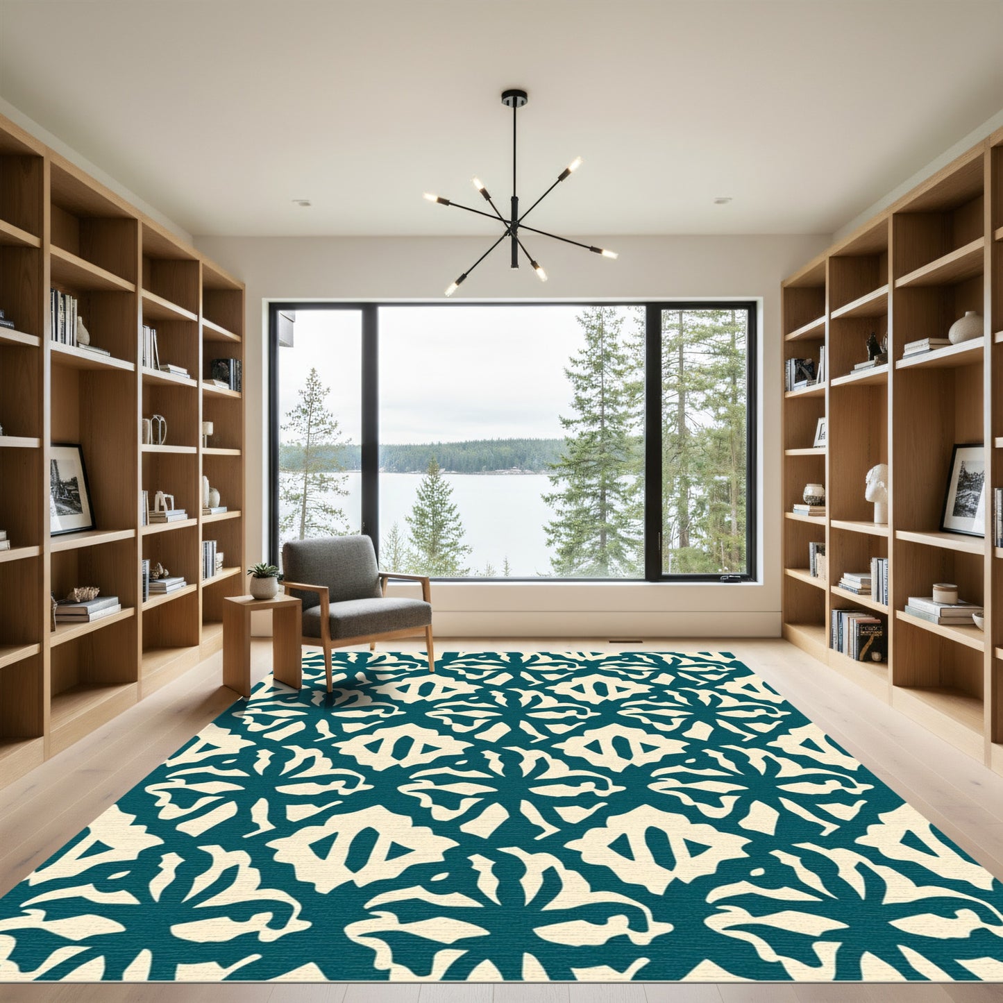 Teal and Cream Abstract Floral Arrangement Rug