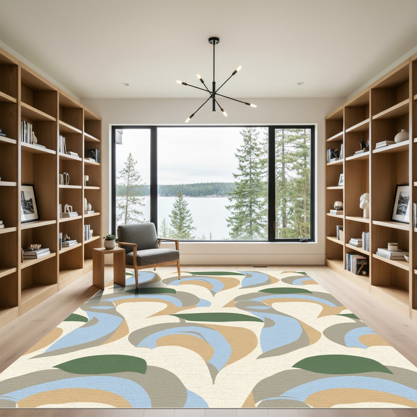 Abstract Beige Blue Leaf Swirl Rug