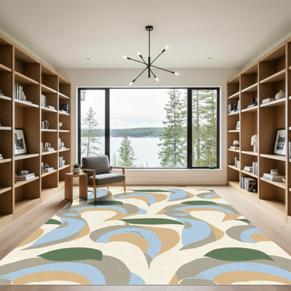 Abstract Beige Blue Leaf Swirl Rug