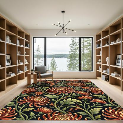 Ornate Copper Chrysanthemum Botanical Art Rug